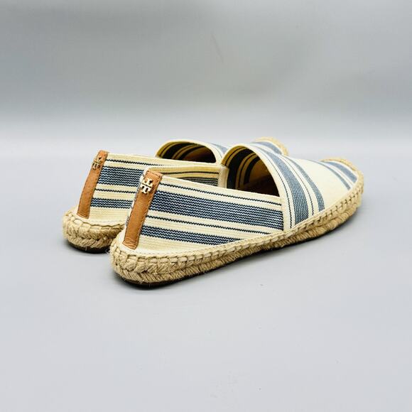 Tory Burch Shoes Womens 8.5 Blue Ivory Canvas Stripe Espadrilles Jute Slip On - Picture 6 of 10